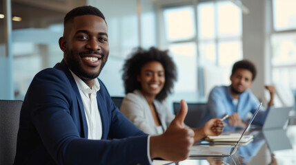 A confident professional man in a suit is giving a thumbs up in a bright office environment with cheerful colleagues around him, indicating success and approval.