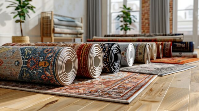 colorful display of various carpets and rolled-up rugs, neatly arranged in a store