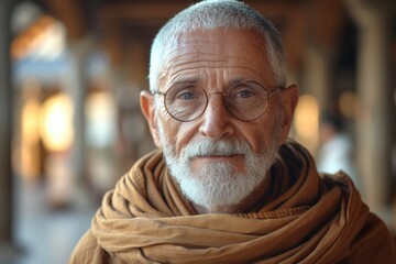 A genial priest with a grey beard and warm eyes, wearing a golden-brown shawl, exudes kindness in an ambiently lit sanctuary, his gaze inviting calm. - obrazy, fototapety, plakaty