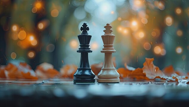 This image shows a black king and a white queen chess piece standing side by side on a surface covered with fallen amber-colored autumn leaves. The background is artistically blurred, displaying a bea