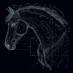 Blueprint Design of Horse Head with Technical Overlay