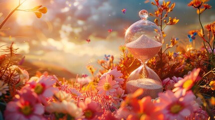 A poetic visual metaphor featuring an hourglass with sun and flowers, capturing the essence of time and the advent of spring - obrazy, fototapety, plakaty