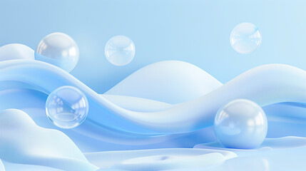 Abstract background with smooth wave-like shapes and balls. White and light blue colors.