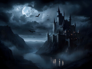A haunted scary castle house with bats and spiders halloween background misty horror night moon light