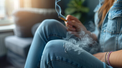 close-up of a person sitting, holding a lit cigarette, with smoke rising from it, focusing on the hands and the cigarette while the background is out of focus.