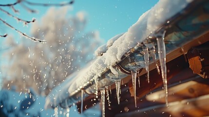 Melting snow blankets the house's roof, punctuated by hanging ice and icicles, capturing the transitional beauty as winter gives way to warmer temperatures - obrazy, fototapety, plakaty