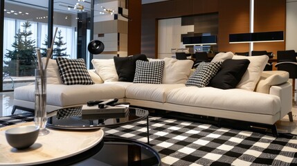 A chic modern living room interior, featuring stylish black and white checked pattern pillows and a matching carpet