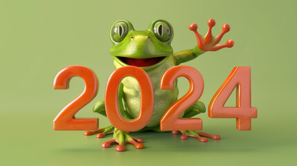 Cheerful Green Frog with 2024 Numbers Celebrating the Leap Day 2024.