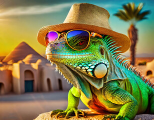 Iguana with sunglasses and hat in vacation mode