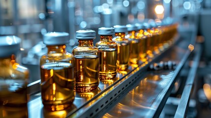 Stock photo of Medical vials on production line at pharmaceutical factory, Pharmaceutical machine working pharmaceutical glass bottles production