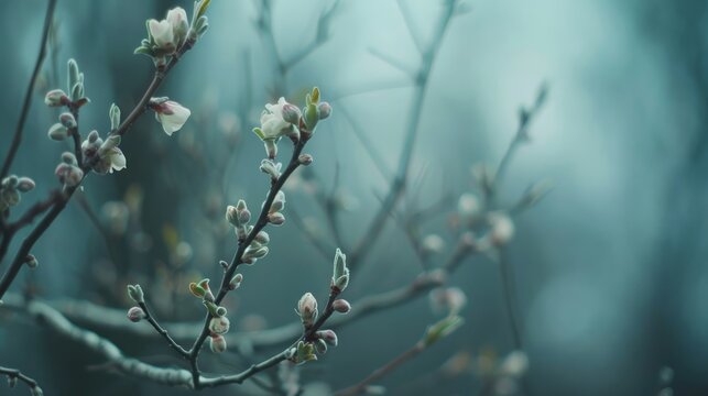 A soft, out-of-focus image captures the delicate buds blooming on branches, subtly heralding the gentle onset of spring