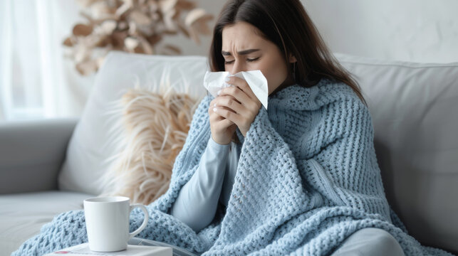 young woman wrapped in a blue knitted blanket, blowing her nose with a tissue and holding a white mug, looking unwell as if she has a cold or flu.