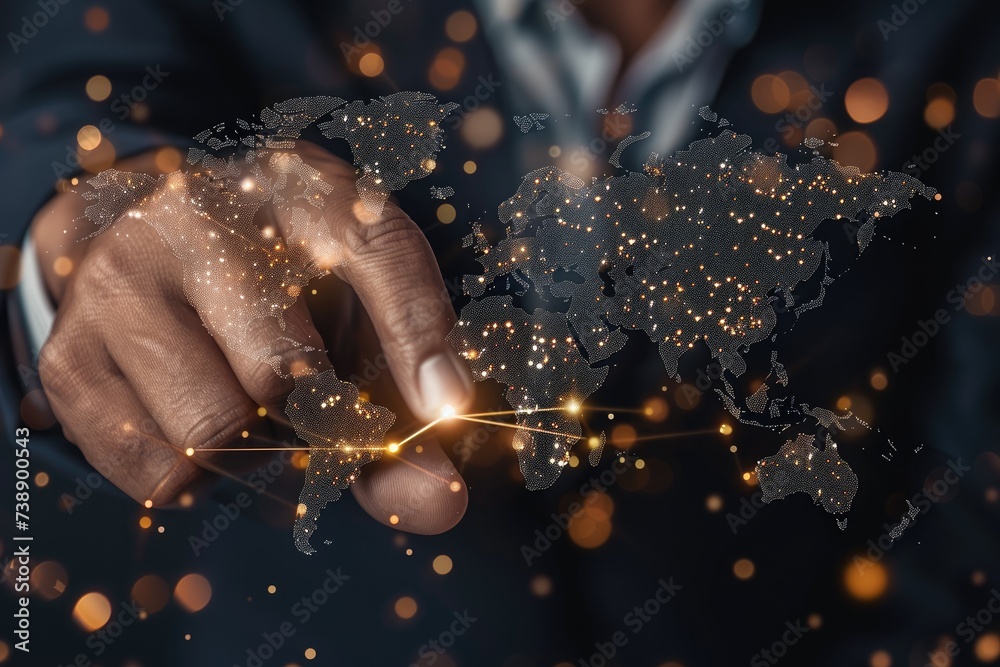 Poster Businessman touching world map virtual button and connect communication