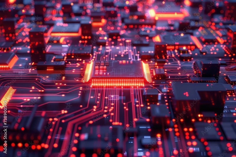 Aufkleber Digital data moving on circuit board and integrated microchip backgrounds. Computer processing and organizing data. High tech Artificial intelligence and modern computer technology surface