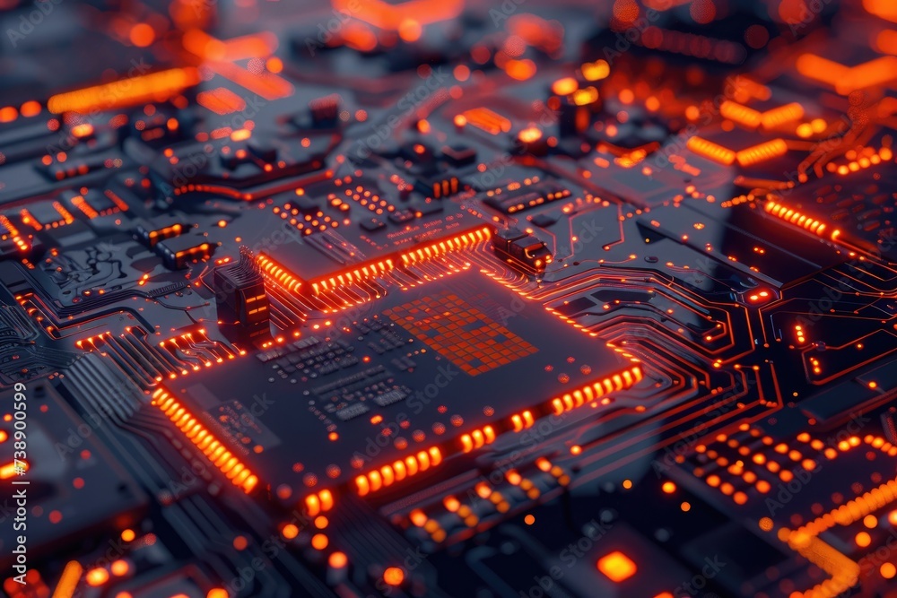 Aufkleber Digital data moving on circuit board and integrated microchip backgrounds. Computer processing and organizing data. High tech Artificial intelligence and modern computer technology surface
