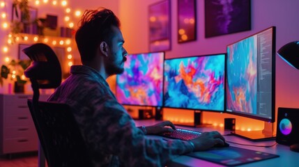 A creative professional is deeply focused on editing visual media on a computer, surrounded by a vibrant and artistic workspace. AIG41