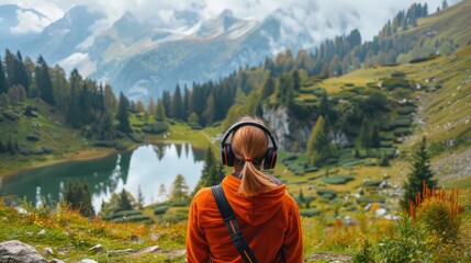 Naklejka premium Back view Woman in headphones listening music in the mountains.