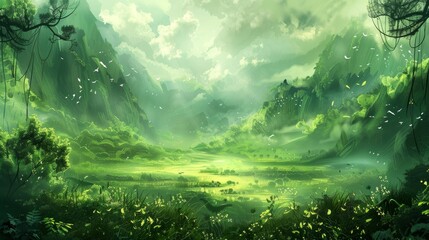 An illustration depicting a lush green landscape, where nature's tranquility and beauty are captured in vibrant hues and serene scenery