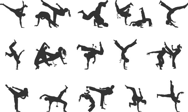 Capoeira silhouettes, Capoeira training silhouette, Capoeira svg, Brazil capoeira fighting silhouette.