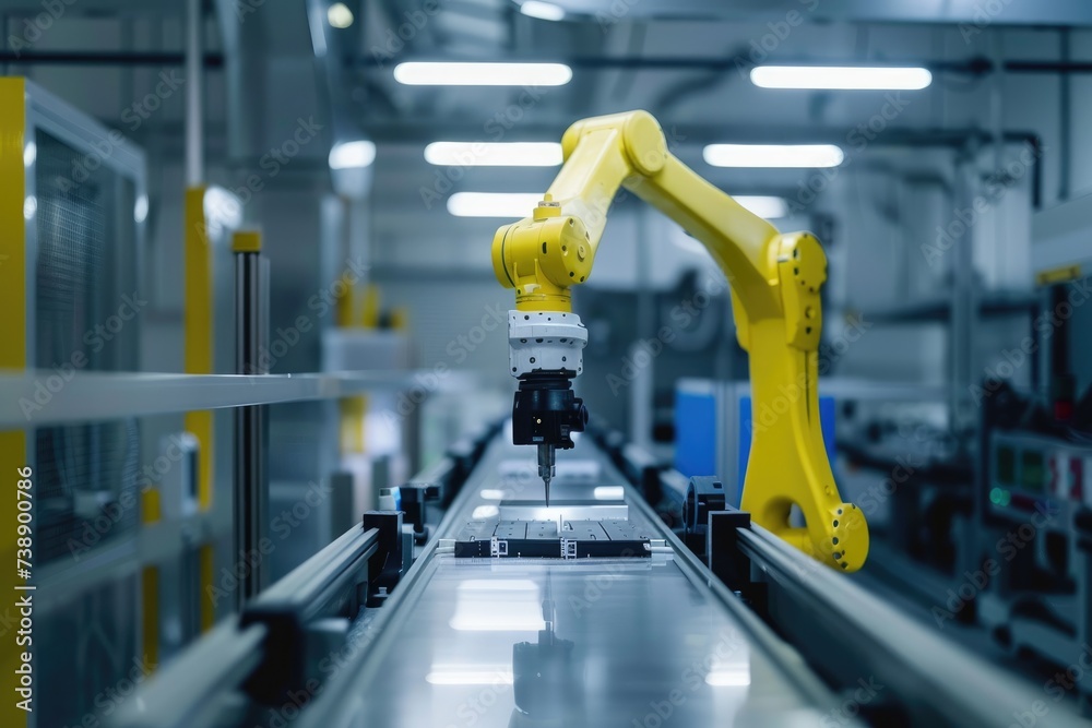 Fototapete Robotic arm for electronic assembly line. Smart modern factory automation using advanced machines.