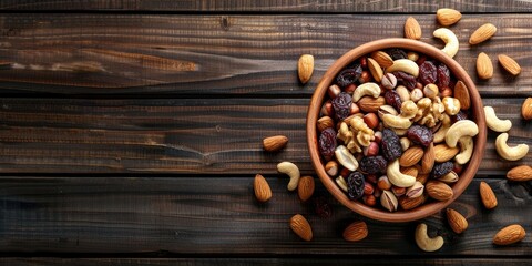 Mixed nuts and dried fruits in wooden bowl on wooden background. Healthy snack, mix of organic nuts...
