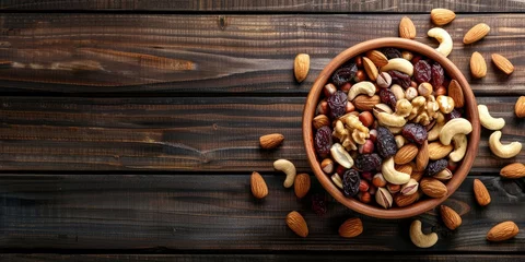 Fotobehang Mixed nuts and dried fruits in wooden bowl on wooden background. Healthy snack, mix of organic nuts and dry fruits © Lubos Chlubny