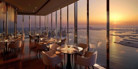Panoramic hotel restaurant overlooking the ocean or cityscape.