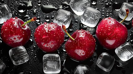 Red cherries on a black background. Ice cubes and water drops background.