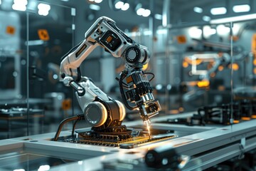 Fototapeta premium Robotic arm for electronic assembly line. Smart modern factory automation using advanced machines.