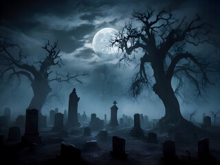 Halloween spooky night graveyard scene with bats and moon background