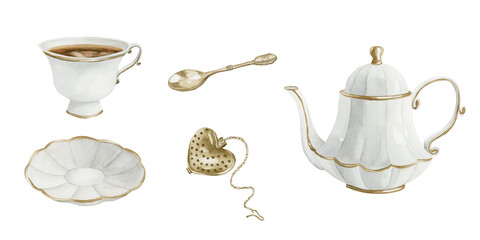 Set of white porcelain teapot, tea cup and saucer with gilded rim, gold metal tea strainer and spoon, Victorian style.