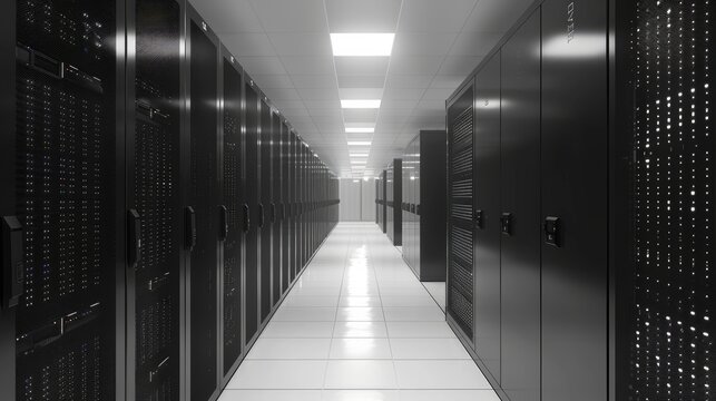A vibrant shot captures the essence of a bustling data center corridor, lined with rack servers and supercomputers