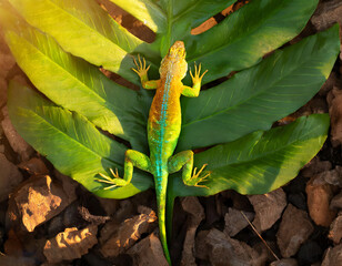 Green lizard on a leaf - Powered by Adobe
