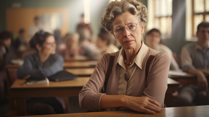 Portrait of a tired woman teacher, sitting in class, at the table, daylight,