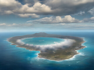 mysterious island in the middle of the sea, surrounded by wonderful beaches with storm clouds, seen from the sky