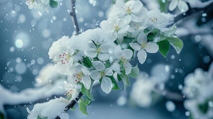 Delicate white flowers and fresh green leaves adorn an apple tree branch in spring