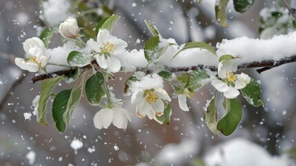 Delicate white flowers and fresh green leaves adorn an apple tree branch in spring