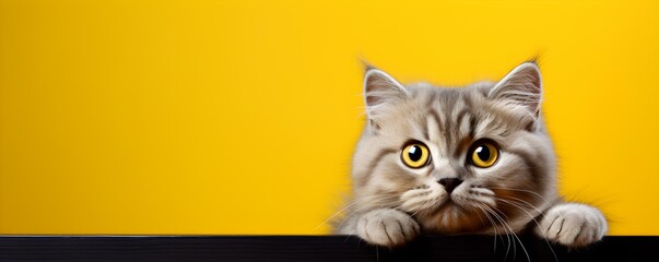 Adorable cat posing on vibrant yellow background for a birthday card. Concept Pets, Colorful Background, Birthday Card, Photography, Adorable Pose