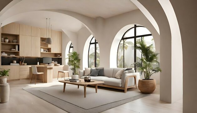 Ultra realistic  photo of Modern take on  bali inspired low ceiling small apartment white cream stone, light wood round arches interor view of office.