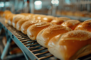 Freshly baked breads on the conveyor belt