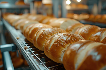 Produces freshly baked bread using an automated production line conveyor belt oven in bakery