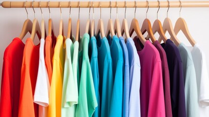 colorful of t-shirt with hangers in market, Fashion style. Neural network AI generated art