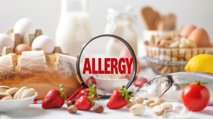 various common allergenic foods like nuts, eggs, fish, and milk, with a magnifying glass in the center highlighting the word "ALLERGY" 