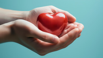 two hands gently holding a glossy red heart against a soft blue background, symbolizing care, love, and health.