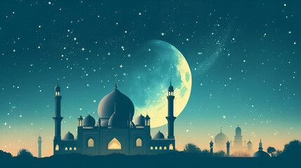 Illustration of a mosque on the background of a full moon, Ramadan