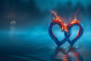 A blue and red heart intertwined, each half caught in a blaze, set against a softly blurred background of a serene, moonlit lake.