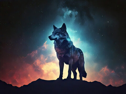 Double exposure silhouette of a wolf standing o a rock against starry night