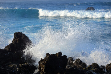 Lanzarote. Splashing waves along the coast of El Golfo