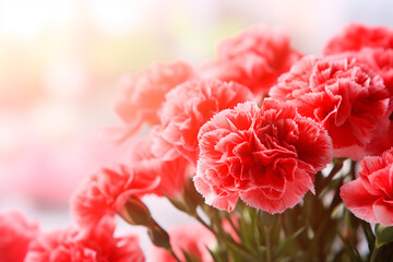 Bouquet of red carnations close-up, copy space