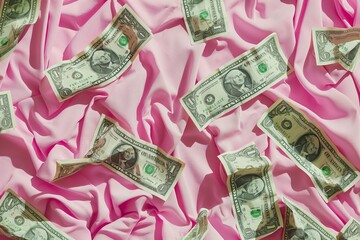 A large amount of crumpled one dollar bills scattered across a pink cloth, creating a visually striking image of wealth and abundance.